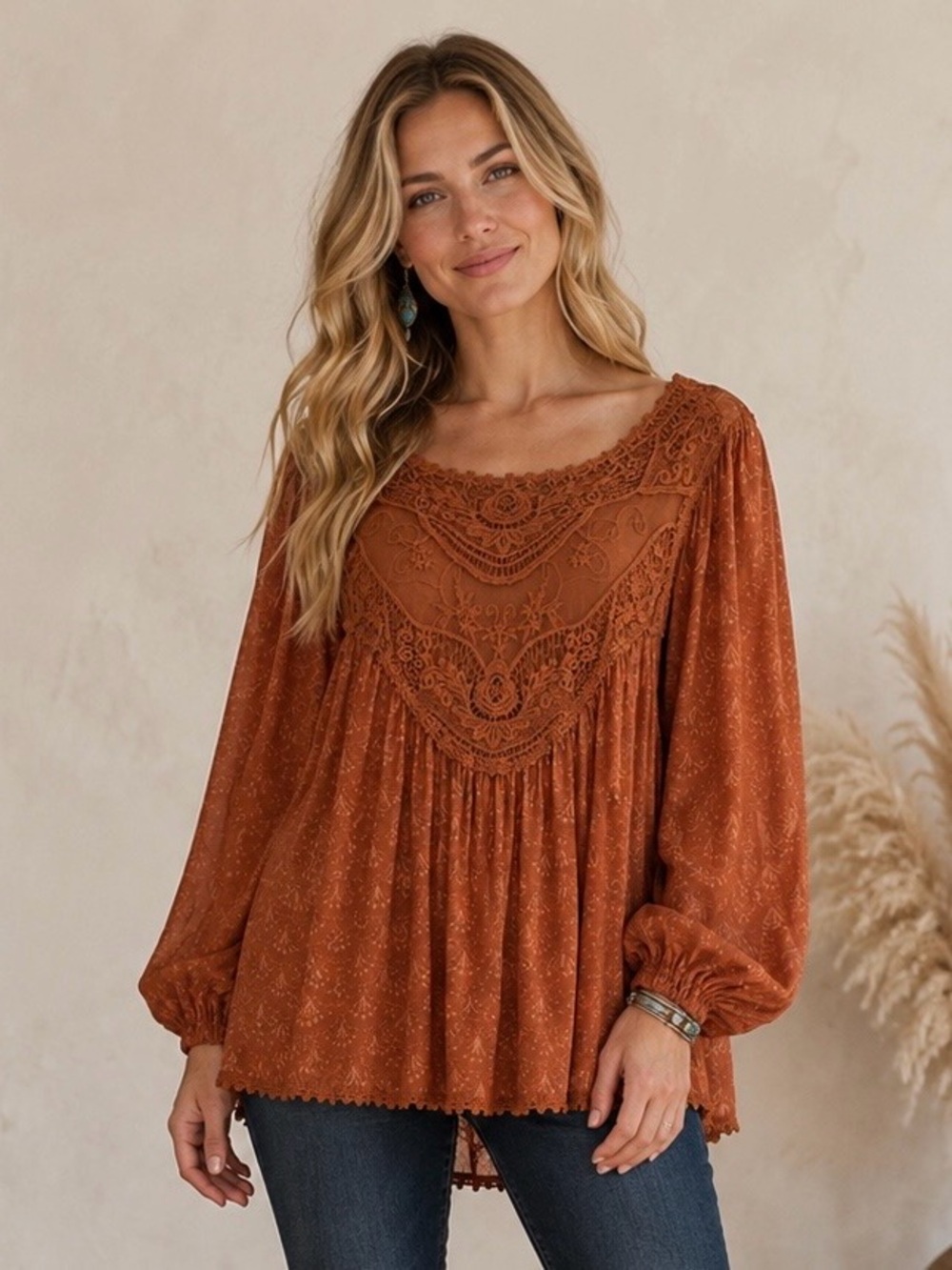 Ultra Pink Rust Lace Yoke Peasant Blouse